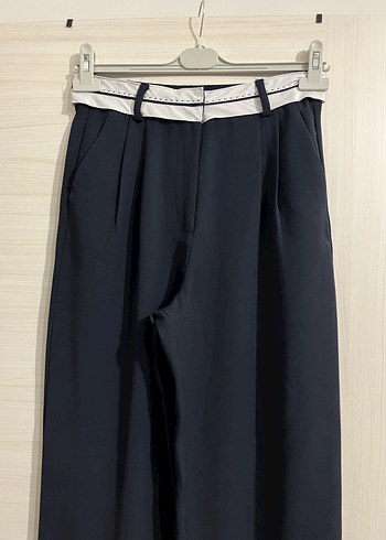 Lacivert Midi Kumaş palazzo Pantolon, Kemerli, Ofis Stili - Görsel 3