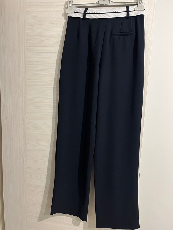Lacivert Midi Kumaş palazzo Pantolon, Kemerli, Ofis Stili - Görsel 4