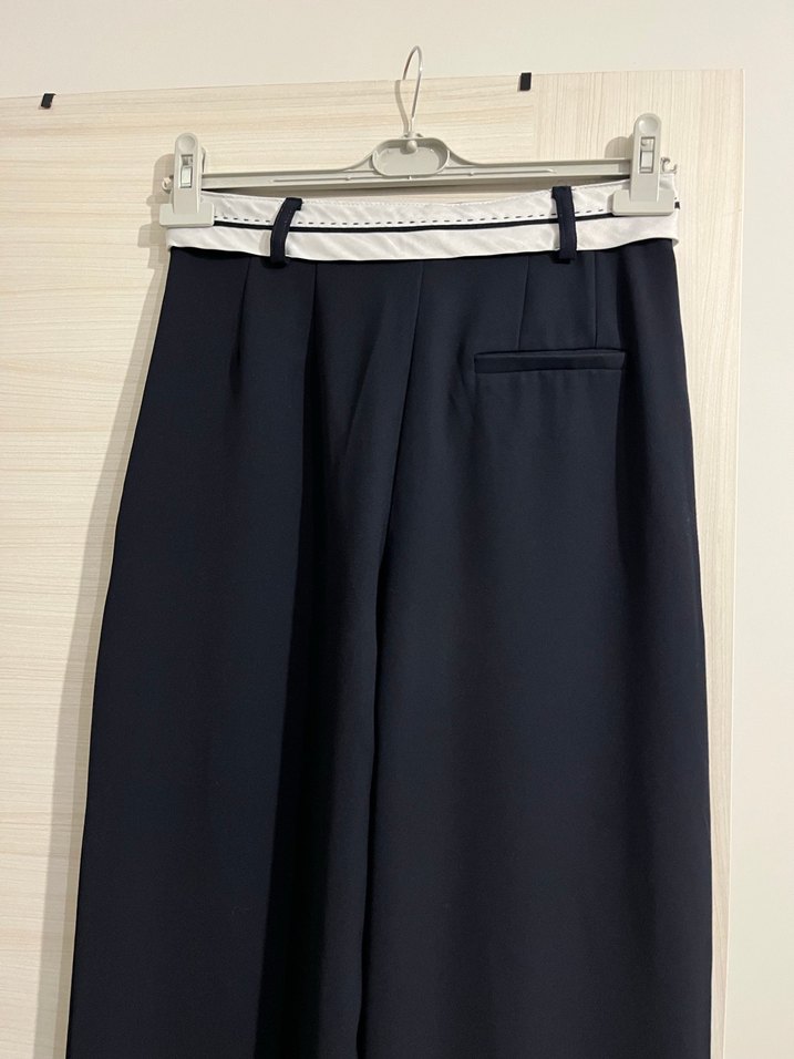 Lacivert Midi Kumaş palazzo Pantolon, Kemerli, Ofis Stili - Görsel 5