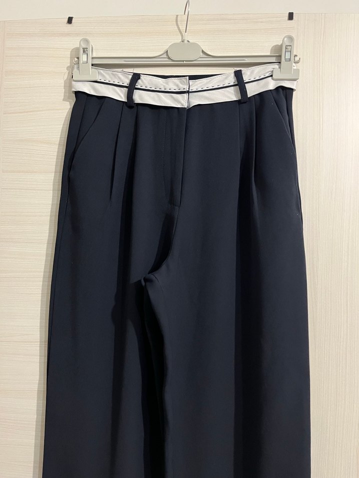 Lacivert Midi Kumaş palazzo Pantolon, Kemerli, Ofis Stili - Görsel 3