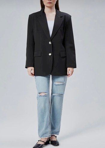 Kadın Siyah Düğmeli Midi Blazer Ceket - Görsel 3