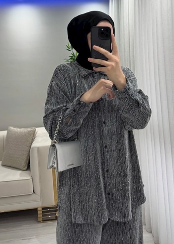 Gri Uzun Kollu Kadın taşlı Takım - Görsel 4