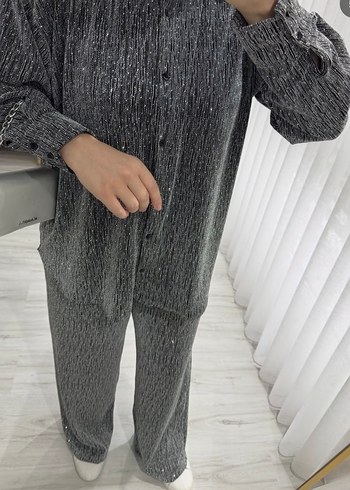 Gri Uzun Kollu Kadın taşlı Takım - Görsel 5