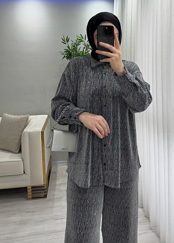 Gri Uzun Kollu Kadın taşlı Takım - Görsel 3