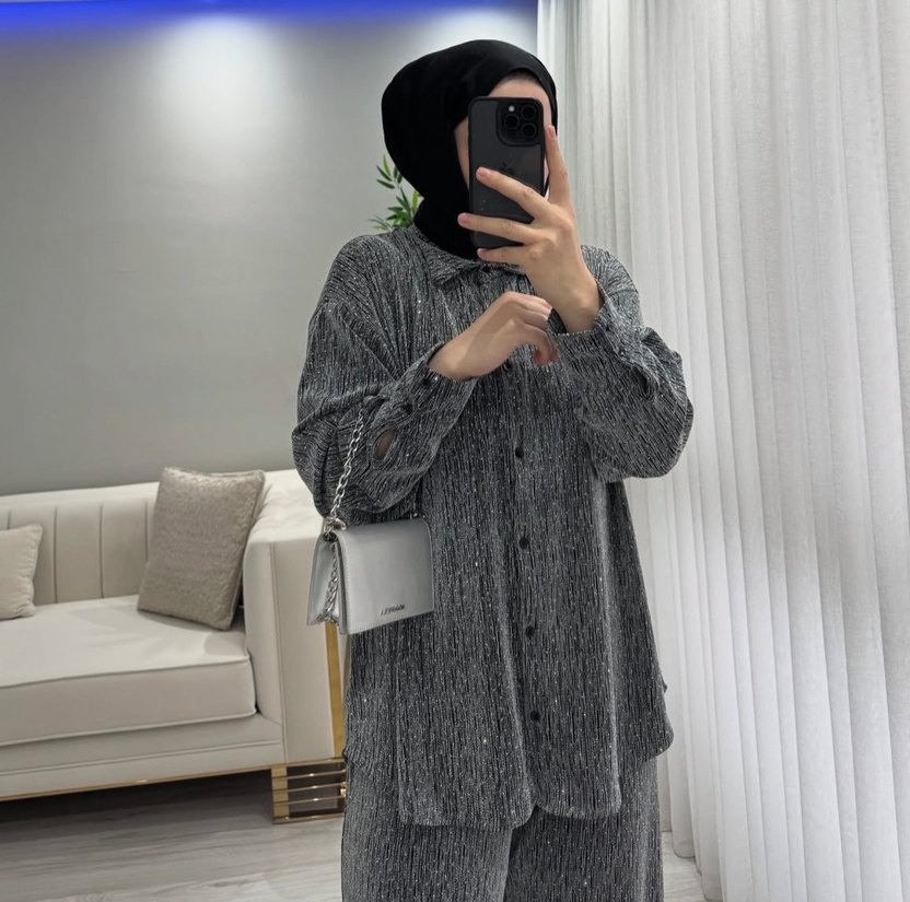 Gri Uzun Kollu Kadın taşlı Takım - Görsel 4