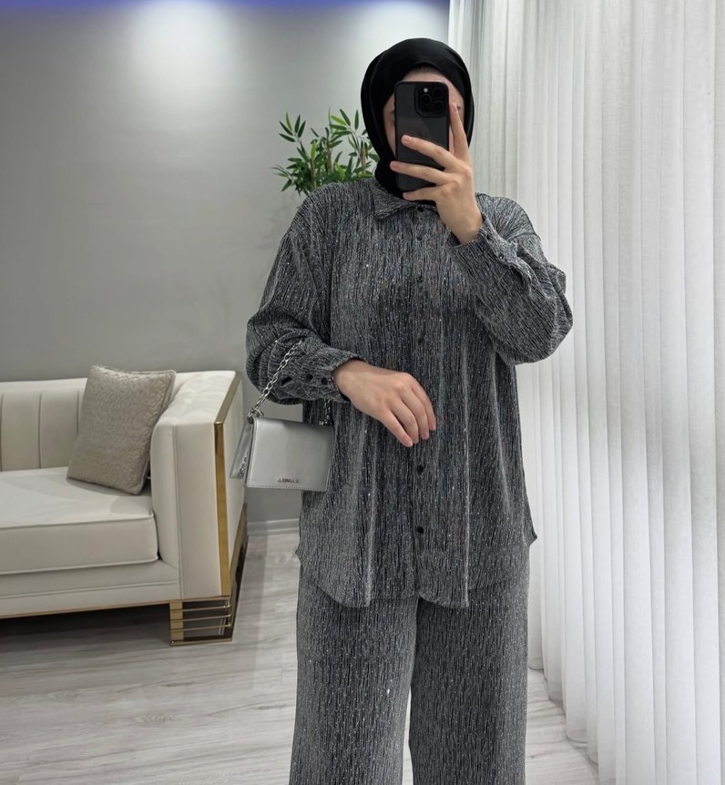 Gri Uzun Kollu Kadın taşlı Takım - Görsel 3