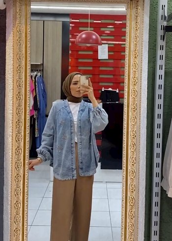 Gri Etnik  taşlı Salaş Denim Ceket - Görsel 2