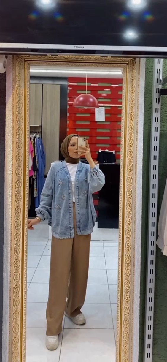 Gri Etnik  taşlı Salaş Denim Ceket - Görsel 2