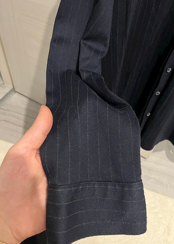 Düğmeli lacivert çizgili Erkek Gömlek - Görsel 4