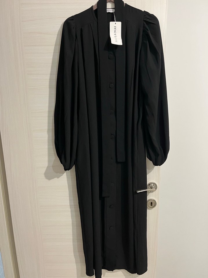 Uzun Kollu Siyah Kadın elbise ferace - Görsel 2