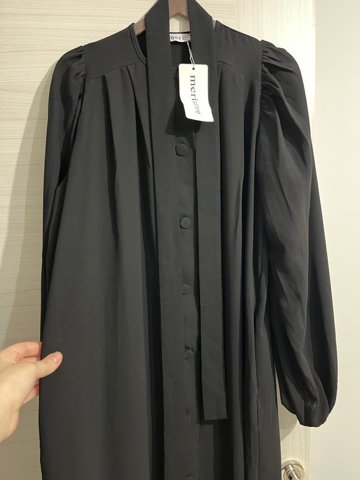 Uzun Kollu Siyah Kadın elbise ferace - Görsel 5