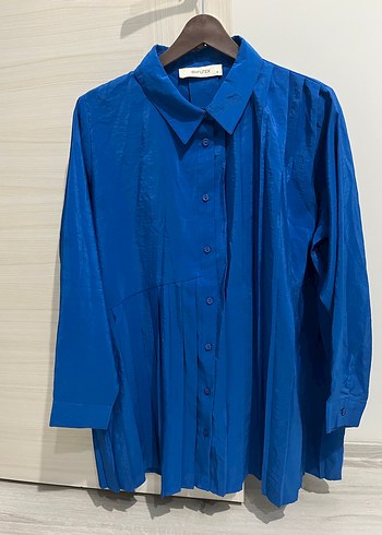 Mavi Pliseli Uzun Kollu kadın Keten Gömlek - Görsel 3