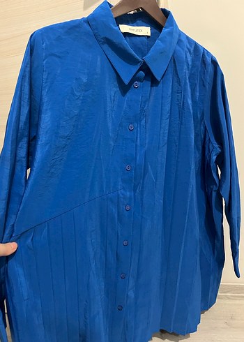 Mavi Pliseli Uzun Kollu kadın Keten Gömlek - Görsel 2