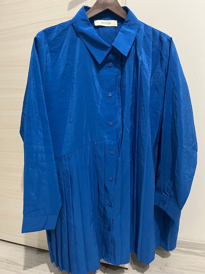 Mavi Pliseli Uzun Kollu kadın Keten Gömlek - Görsel 5