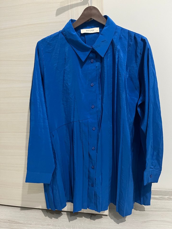 Mavi Pliseli Uzun Kollu kadın Keten Gömlek - Görsel 3