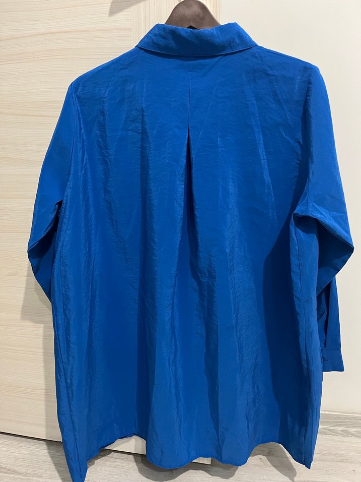 Mavi Pliseli Uzun Kollu kadın Keten Gömlek - Görsel 4