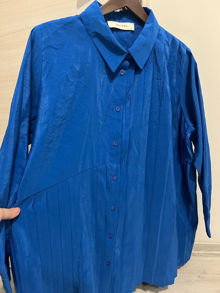 Mavi Pliseli Uzun Kollu kadın Keten Gömlek - Görsel 2