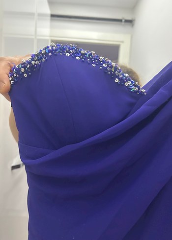 Parlak Mor Drapeli Straplez Midi Elbise - Görsel 5