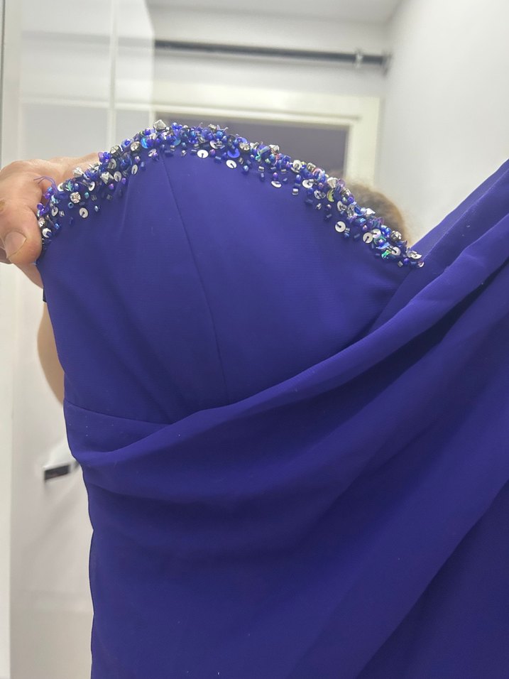 Parlak Mor Drapeli Straplez Midi Elbise - Görsel 5