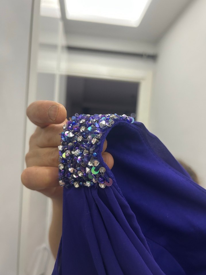 Parlak Mor Drapeli Straplez Midi Elbise - Görsel 2