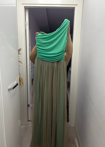 Yeşil Drapeli Uzun Abiye Elbise - Görsel 8