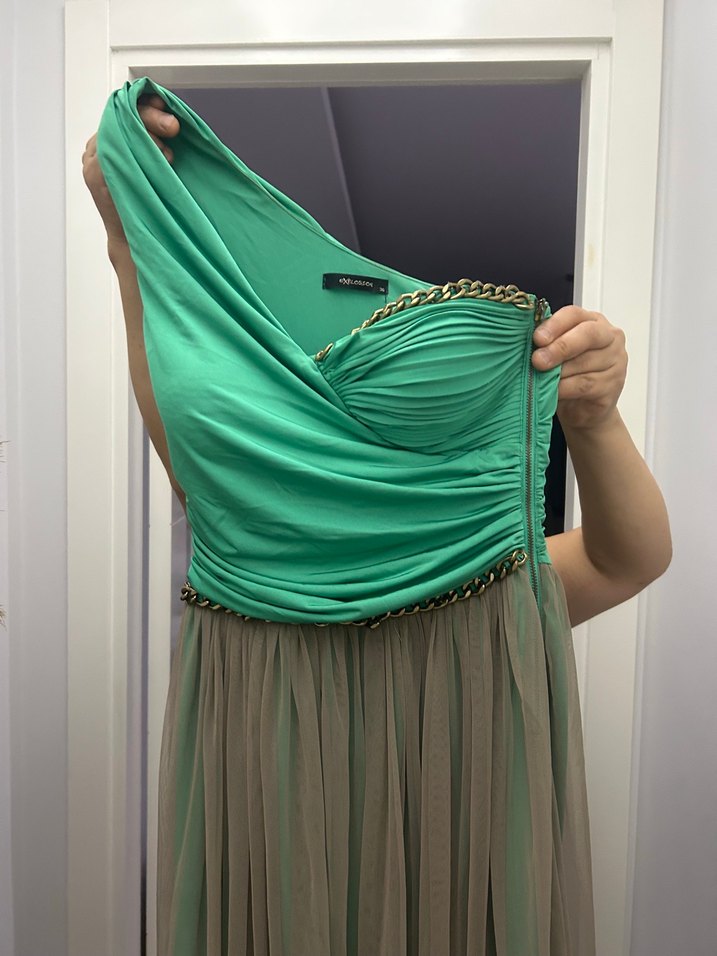Yeşil Drapeli Uzun Abiye Elbise - Görsel 3