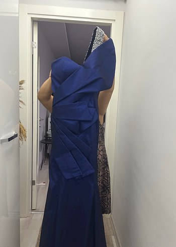 Explosion Lacivert Drapeli Straplez Midi Abiye Elbise - Görsel 3