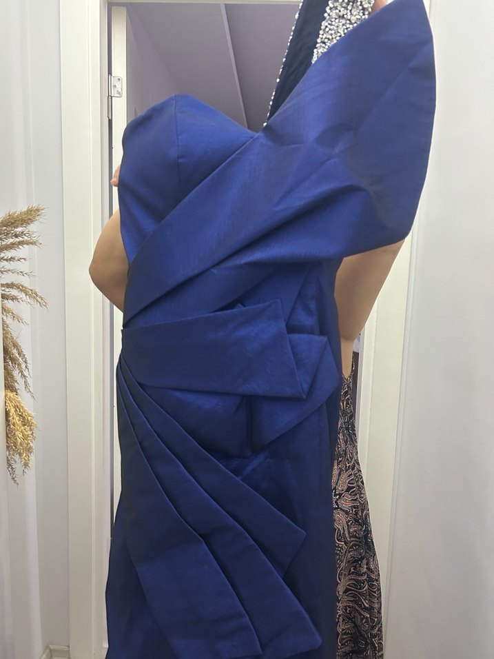 Explosion Lacivert Drapeli Straplez Midi Abiye Elbise - Görsel 4
