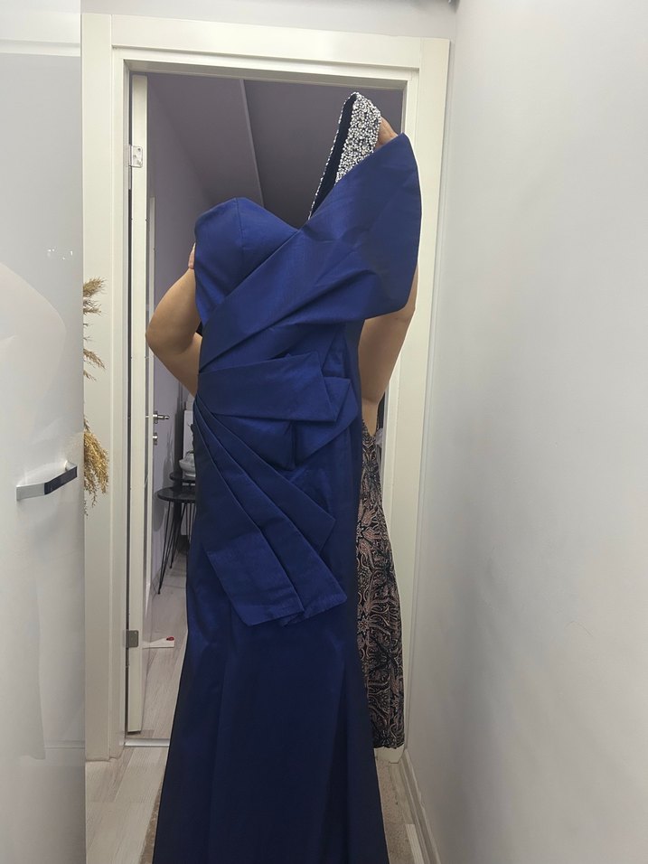Explosion Lacivert Drapeli Straplez Midi Abiye Elbise - Görsel 3