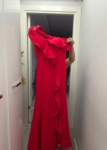 Explosion Kırmızı Drapeli Straplez Uzun Abiye Elbise - Görsel 3
