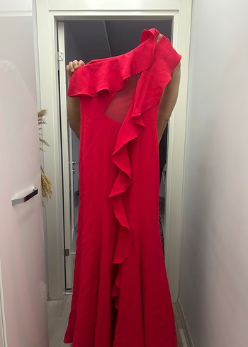 Explosion Kırmızı Drapeli Straplez Uzun Abiye Elbise - Görsel 7