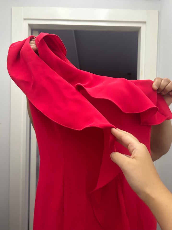 Explosion Kırmızı Drapeli Straplez Uzun Abiye Elbise - Görsel 5