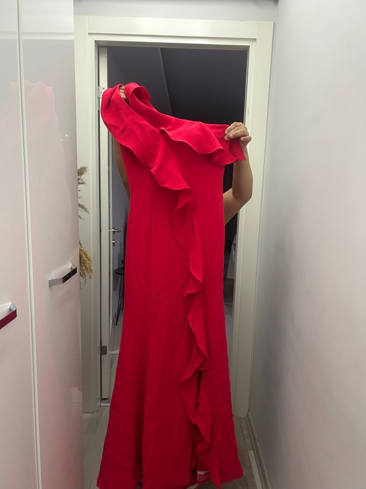 Explosion Kırmızı Drapeli Straplez Uzun Abiye Elbise - Görsel 3
