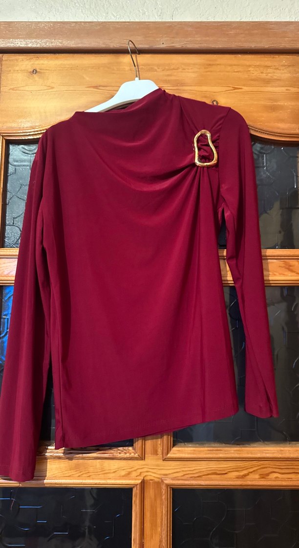Bordo Uzun Kollu Drapeli Kadın Bluz - Görsel 2