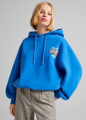 Rahat Kesim Mavi Kapüşonlu Sweatshirt