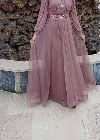 Pembe Uzun Kollu Drapeli Abiye Elbise