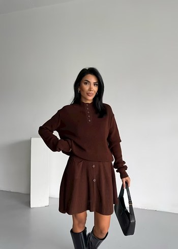 Kahverengi  Mini Triko Elbise - Görsel 3