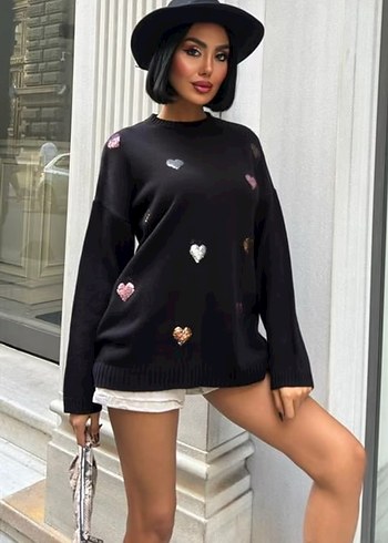 Nakışlı Siyah Loose Fit Örgü Kadın Kazak - Görsel 2