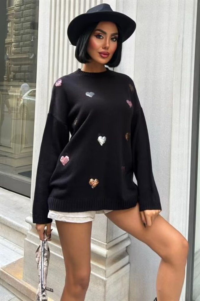 Nakışlı Siyah Loose Fit Örgü Kadın Kazak - Görsel 3