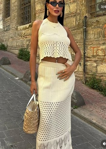 Kadın Beyaz Dantel Detaylı Uzun Triko Elbise - Görsel 3