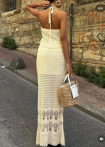 Kadın Beyaz Dantel Detaylı Uzun Triko Elbise - Görsel 4