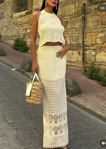 Kadın Beyaz Dantel Detaylı Uzun Triko Elbise - Görsel 2