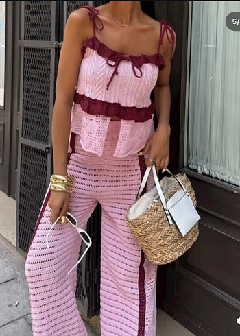 Dantel Detaylı Pembe Örme Kadın Pantolon - Görsel 4