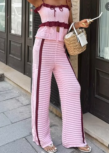 Dantel Detaylı Pembe Örme Kadın Pantolon - Görsel 2