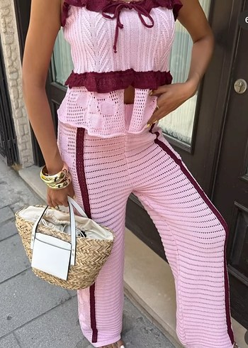 Dantel Detaylı Pembe Örme Kadın Pantolon - Görsel 3