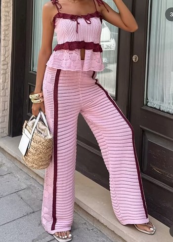 Dantel Detaylı Pembe Örme Kadın Pantolon - Görsel 6