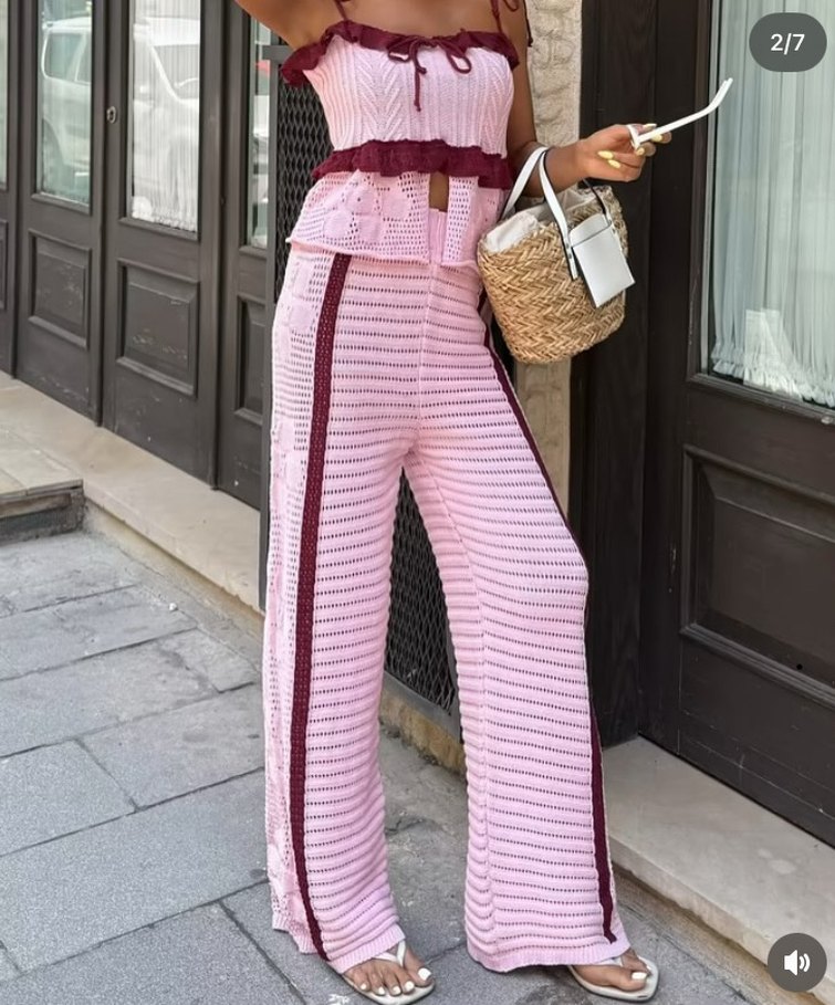 Dantel Detaylı Pembe Örme Kadın Pantolon - Görsel 2