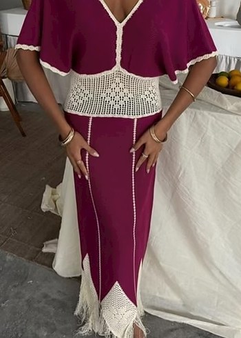 Bordo Dantel Detaylı Bohem Uzun Elbise - Görsel 2