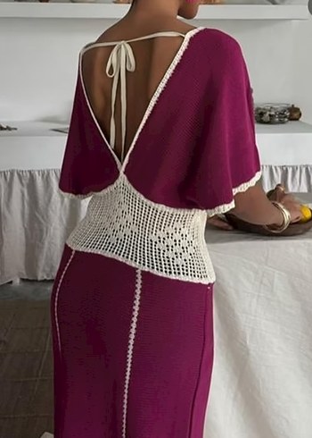 Bordo Dantel Detaylı Bohem Uzun Elbise - Görsel 5