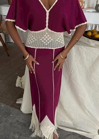 Bordo Dantel Detaylı Bohem Uzun Elbise - Görsel 4